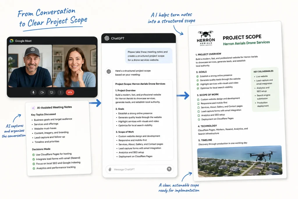 AI-assisted workflow transforming a client discovery meeting into a structured project scope for the Herron Aerials website